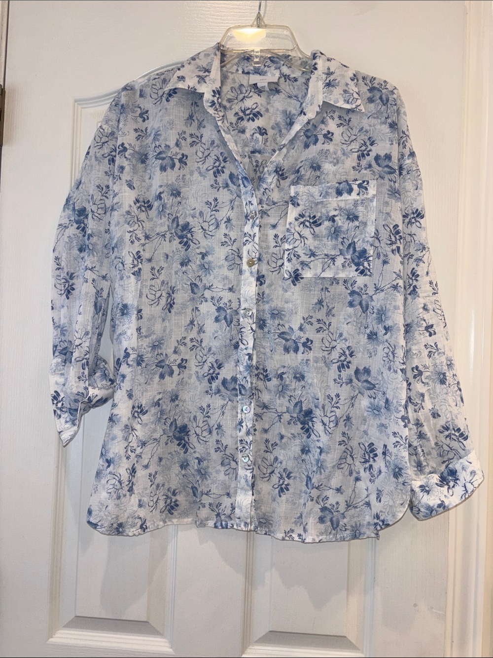 J. Jill White and Blue Floral Button-Up Blouse